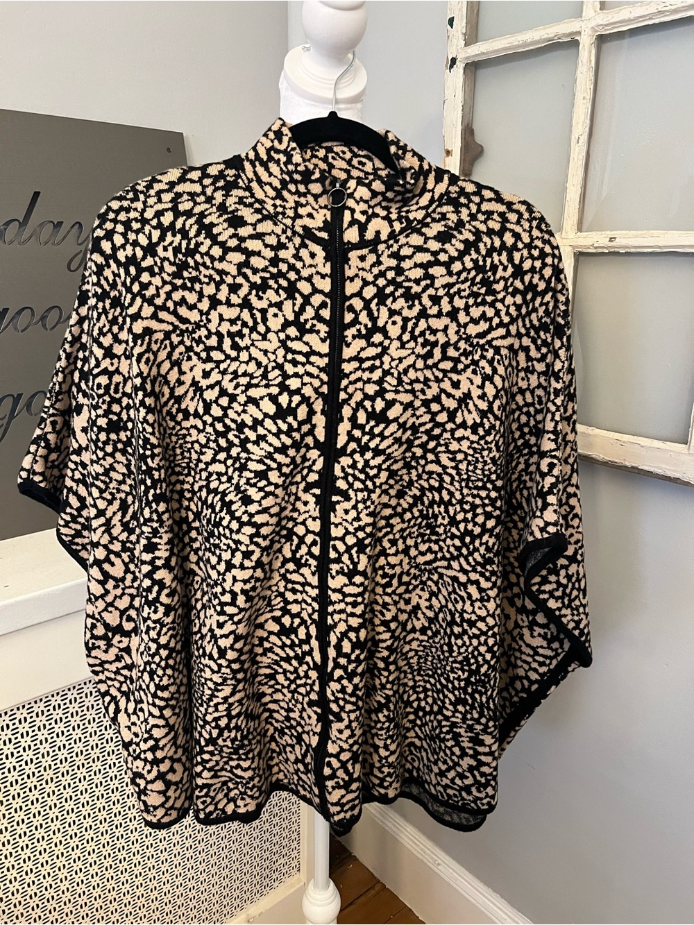 Grace Black and Tan Animal Print Zip- Up Mock Neck Poncho Sweater